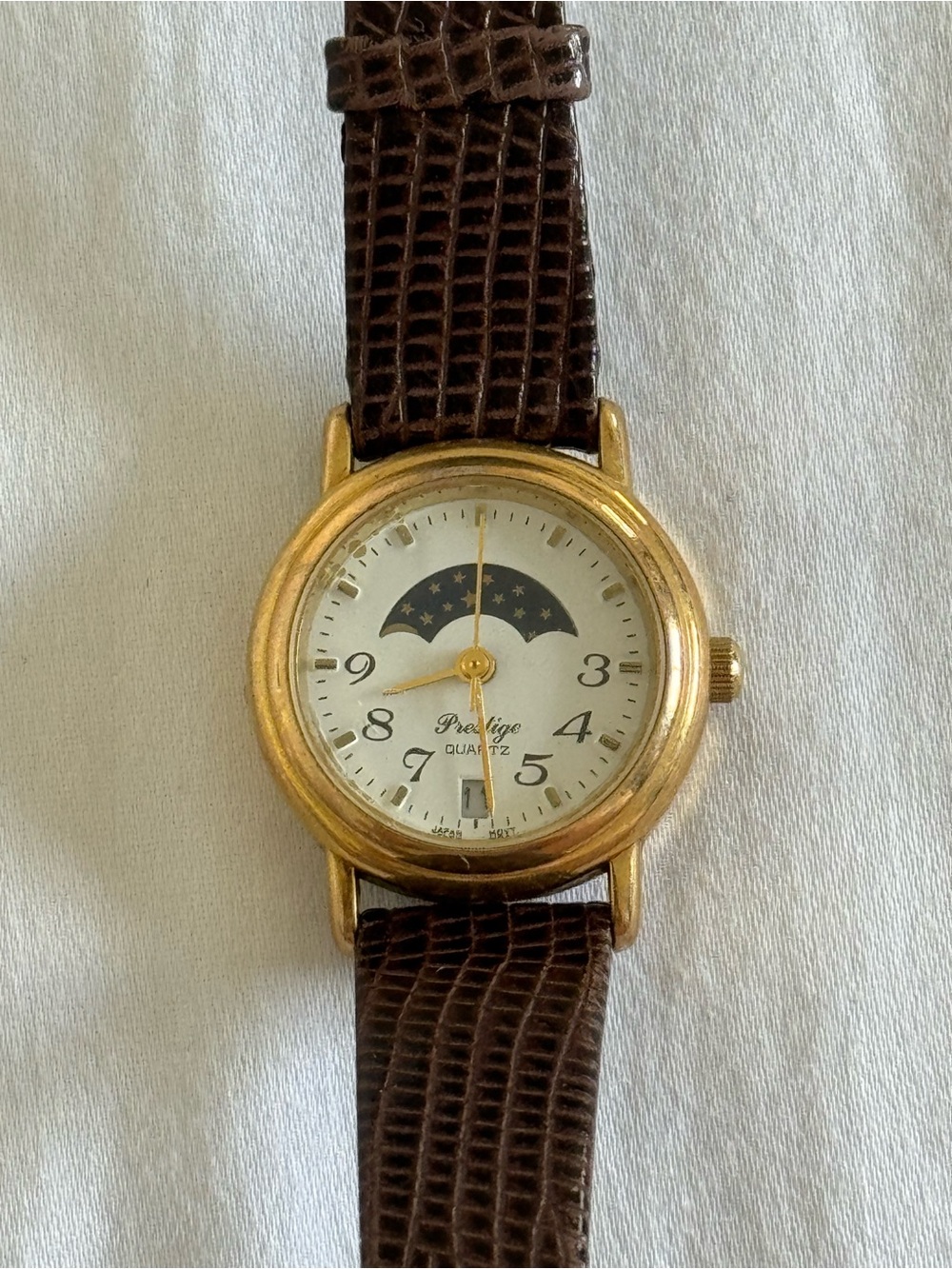 Women's Gold-Tone Moonphase Watch with Brown Leather Strap